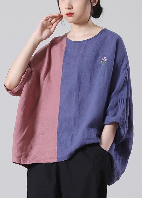 Fine Pink Patchwork Blue Tops Summer Cotton Linen - Omychic