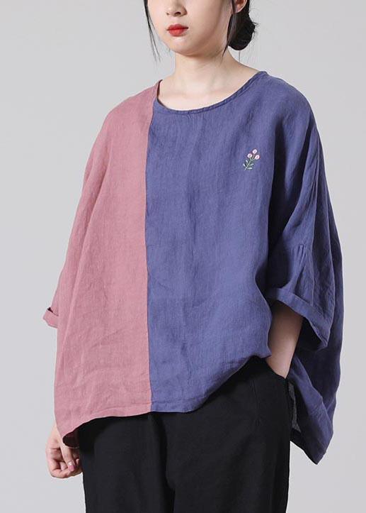 Fine Pink Patchwork Blue Tops Summer Cotton Linen - Omychic