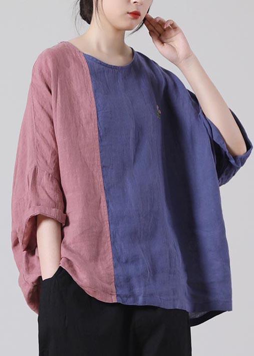 Fine Pink Patchwork Blue Tops Summer Cotton Linen - Omychic