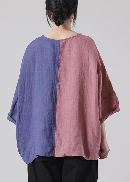 Fine Pink Patchwork Blue Tops Summer Cotton Linen - Omychic