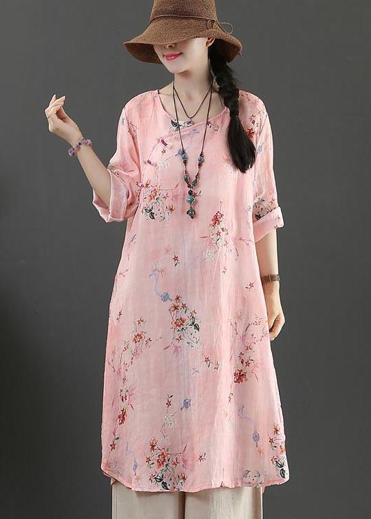 Fine Pink Print Pockets Long Linen Summer Blouse Tops - Omychic