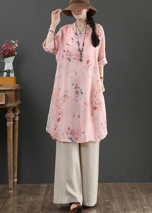 Fine Pink Print Pockets Long Linen Summer Blouse Tops - Omychic