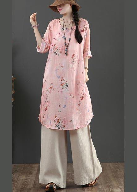 Fine Pink Print Pockets Long Linen Summer Blouse Tops - Omychic