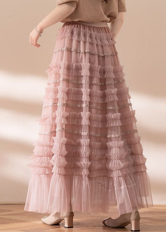 Fine Pink Ruffled Patchwork Exra Large Hem Tulle Maxi Skirts Spring