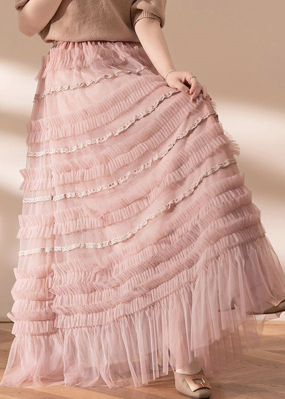 Fine Pink Ruffled Patchwork Exra Large Hem Tulle Maxi Skirts Spring