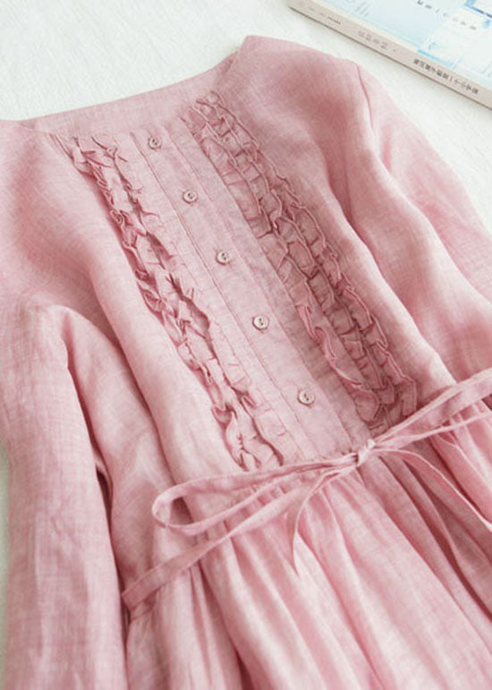 Fine Pink Ruffled Tie Waist Patchwork Linen Dress Summer