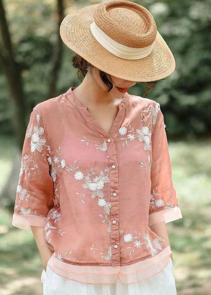 Fine Pink V Neck Embroideried Patchwork Linen Shirt Summer
