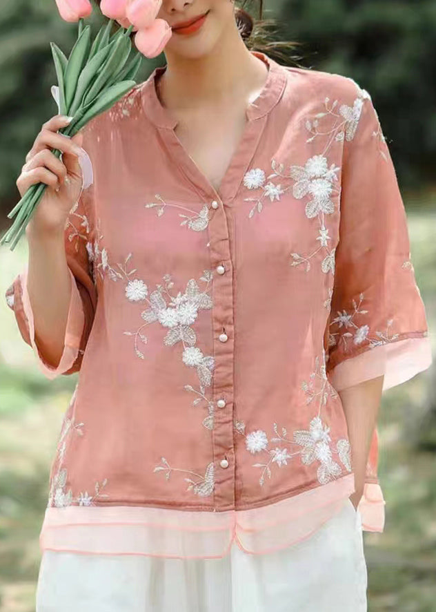 Fine Pink V Neck Embroideried Patchwork Linen Shirt Summer
