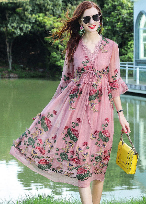 Fine Pink V Neck Embroideried Patchwork Silk Dresses Summer