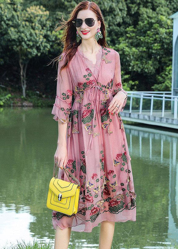 Fine Pink V Neck Embroideried Patchwork Silk Dresses Summer