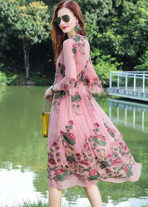 Fine Pink V Neck Embroideried Patchwork Silk Dresses Summer