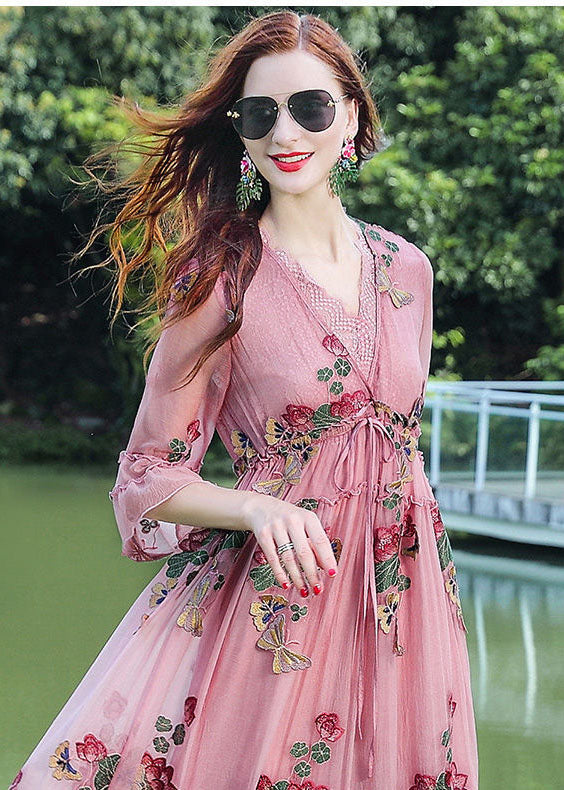 Fine Pink V Neck Embroideried Patchwork Silk Dresses Summer