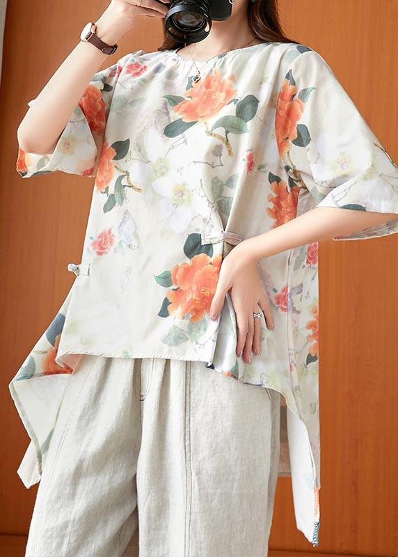 Fine Print low high design Oriental Linen Summer Blouse Top - Omychic