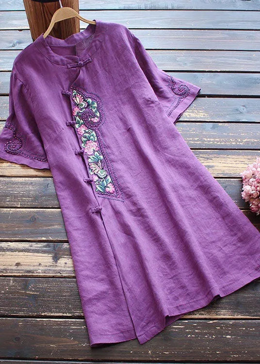 Fine Purple Embroideried Chinese Button Patchwork Line Dresses Summer