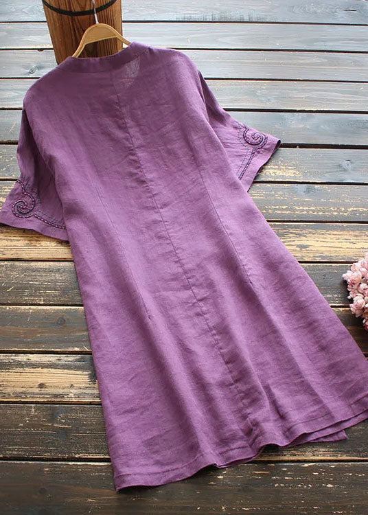 Fine Purple Embroideried Chinese Button Patchwork Line Dresses Summer