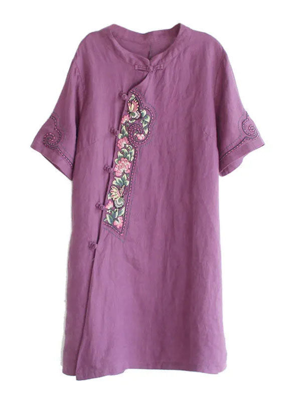 Fine Purple Embroideried Chinese Button Patchwork Line Dresses Summer