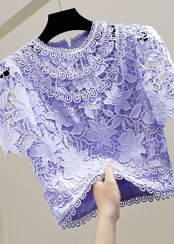 Fine Purple Embroideried Hollow Out Patchwork Lace Tops Summer