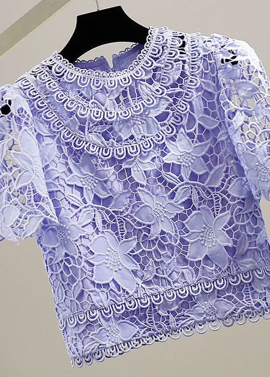 Fine Purple Embroideried Hollow Out Patchwork Lace Tops Summer