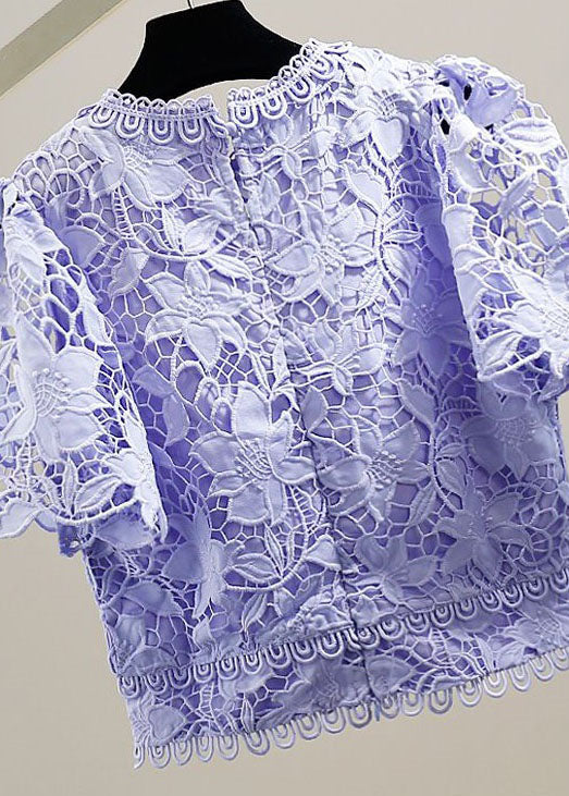 Fine Purple Embroideried Hollow Out Patchwork Lace Tops Summer