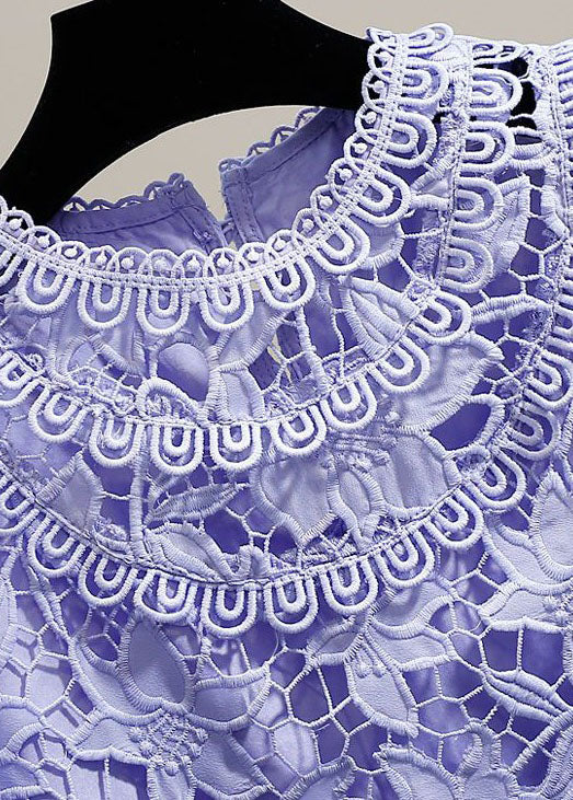 Fine Purple Embroideried Hollow Out Patchwork Lace Tops Summer