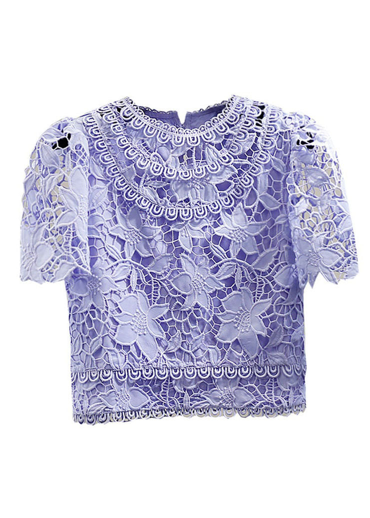 Fine Purple Embroideried Hollow Out Patchwork Lace Tops Summer