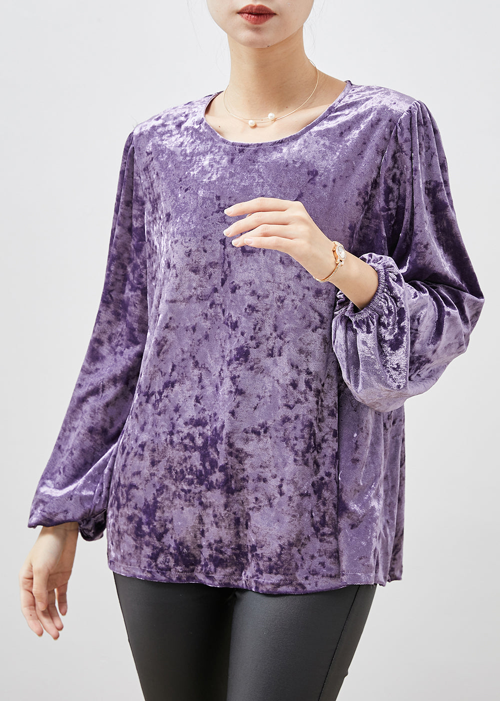 Fine Purple O-Neck Oversized Silk Velour Shirts Spring