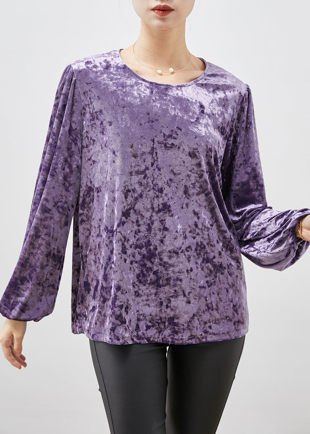Fine Purple O-Neck Oversized Silk Velour Shirts Spring