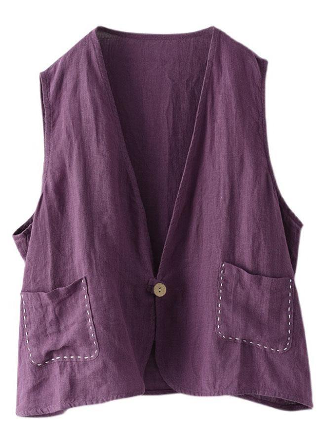 Fine Purple Pockets Button Linen Vest