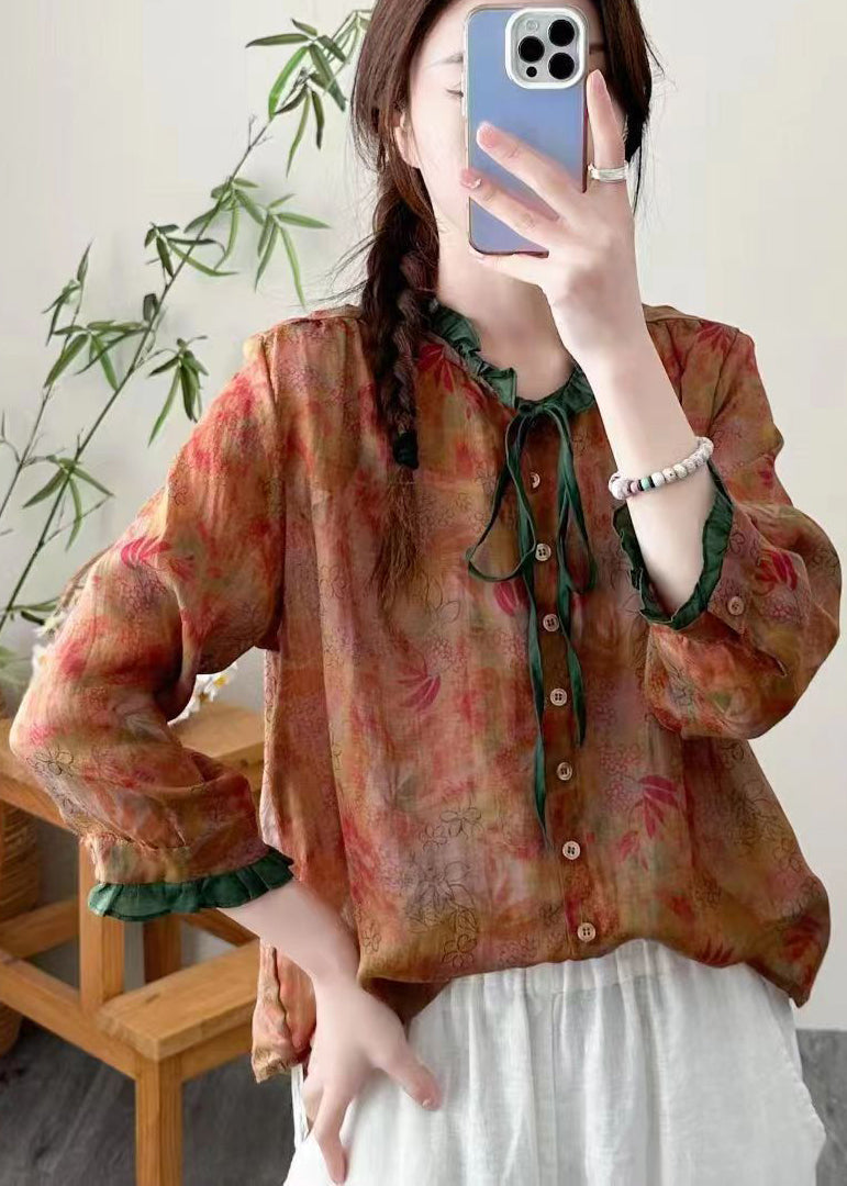 Fine Purple Ruffled Print Lace Up Patchwork Linen Blouses Fall