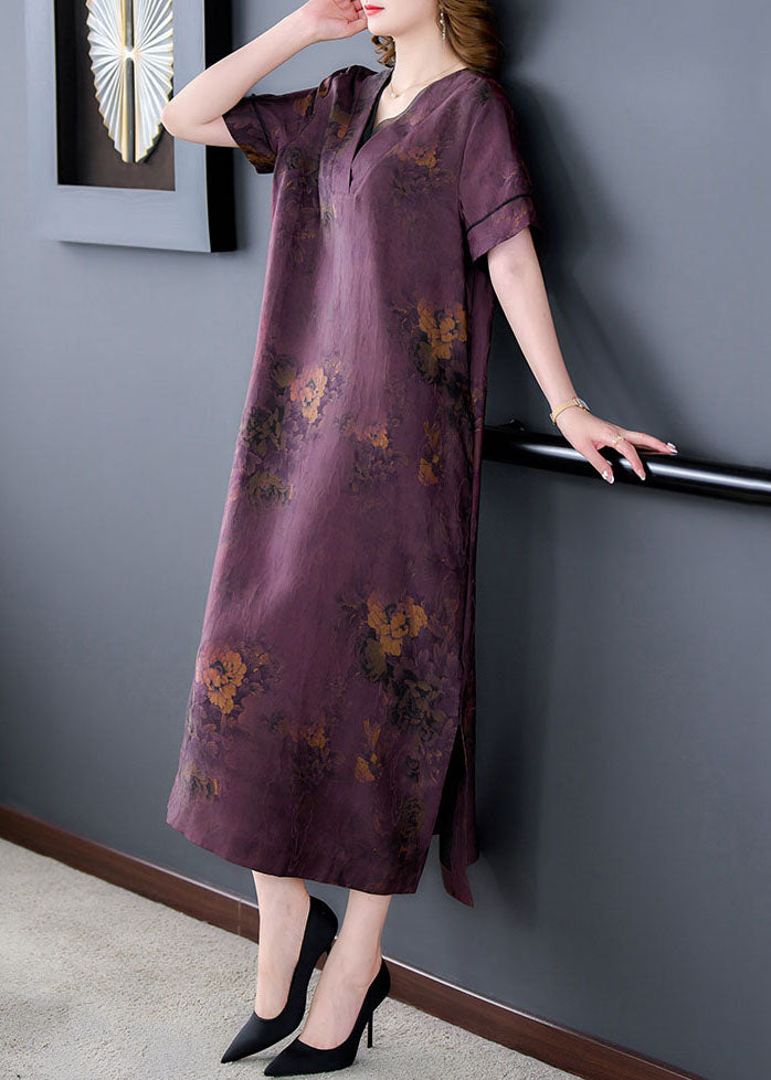 Fine Purple V Neck Print Patchwork Silk Long Dresses Summer