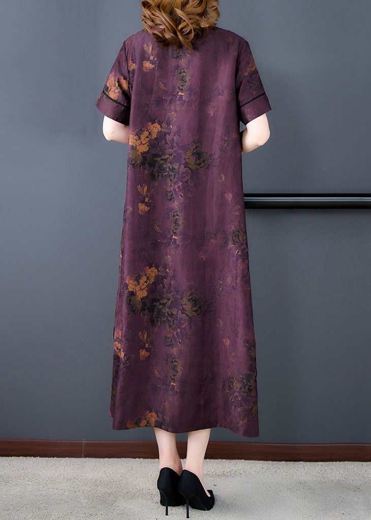 Fine Purple V Neck Print Patchwork Silk Long Dresses Summer