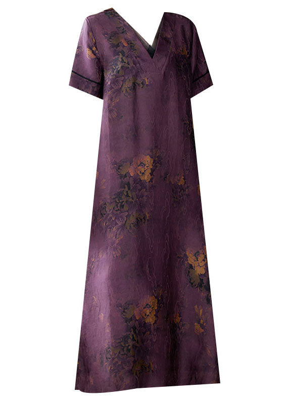 Fine Purple V Neck Print Patchwork Silk Long Dresses Summer
