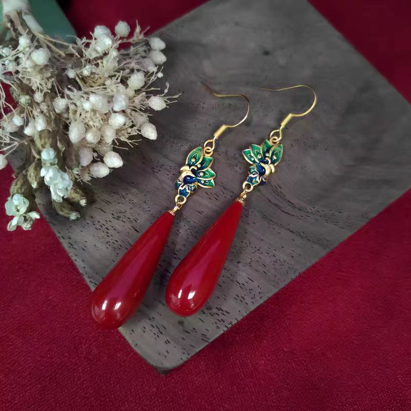 Fine Red Antique Gold Cloisonne Cinnabar Water Drop Drop Earrings