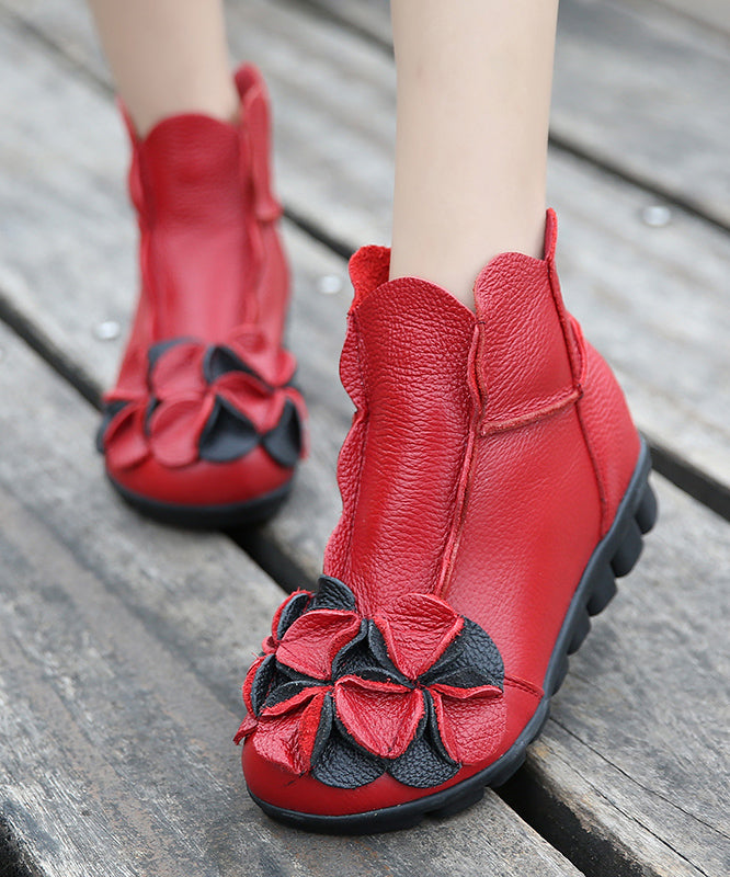 Fine Red Cowhide Leather Flower Ankle Boots