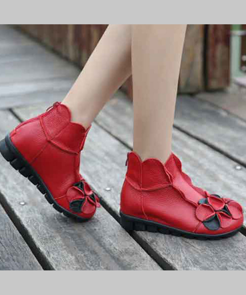 Fine Red Cowhide Leather Flower Ankle Boots