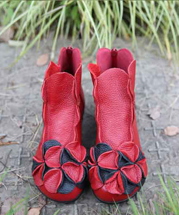 Fine Red Cowhide Leather Flower Ankle Boots