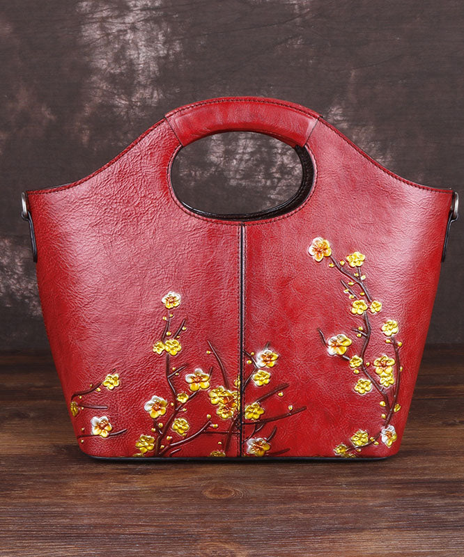 Fine Red Floral Paitings Calf Leather Tote Handbag