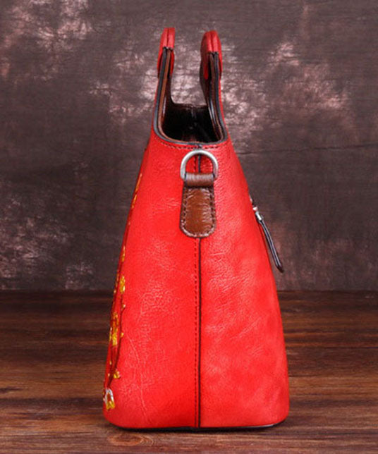 Fine Red Floral Paitings Calf Leather Tote Handbag