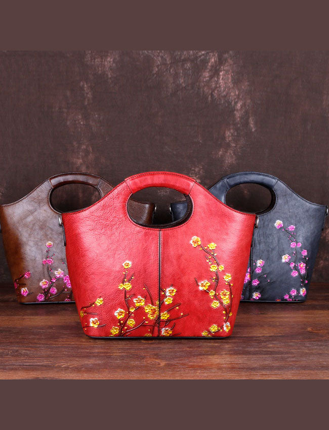 Fine Red Floral Paitings Calf Leather Tote Handbag