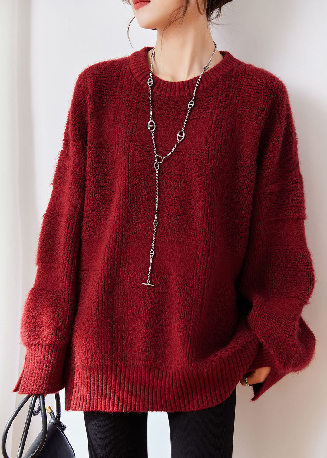 Fine Red O-Neck Patchwork Thick Cotton Knit Sweaters Long Sleeve