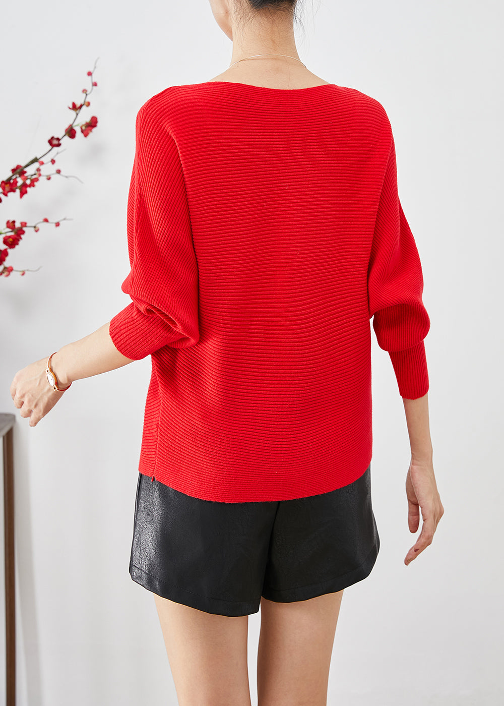 Fine Red Slash Neck Oversized Knit Sweater Tops Batwing Sleeve