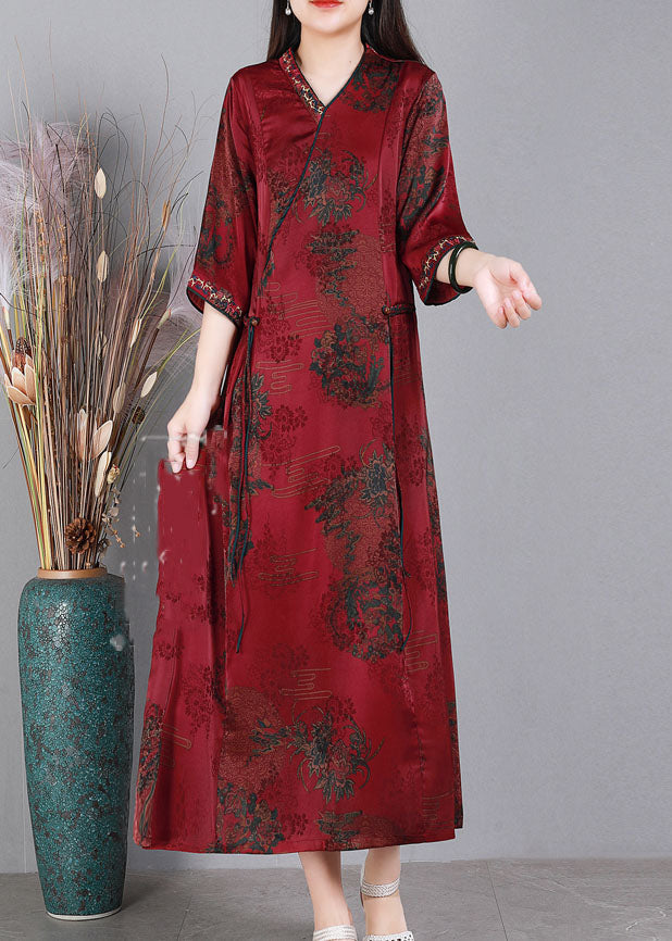 Fine Red V Neck Embroideried Asymmetrical Design Print Silk Vacation Dresses Half Sleeve