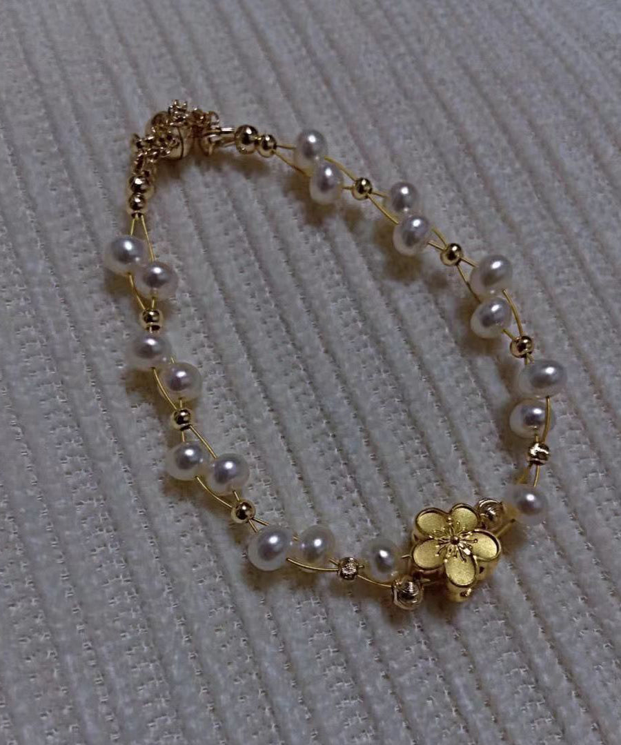 Fine White 14K Gold Pearl Woven Chain Bracelet