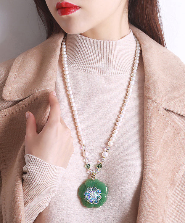 Fine White Alloy Jade Pearl Crystal Pendant Necklace