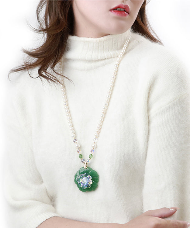 Fine White Alloy Jade Pearl Crystal Pendant Necklace