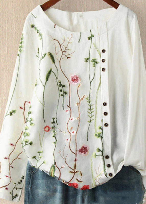 Fine White Embroideried Patchwork Cotton Shirt Top Spring
