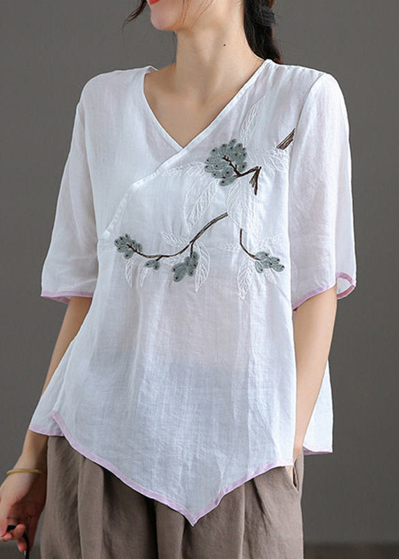 Fine White V Neck Embroideried Floral Linen Top Short Sleeve