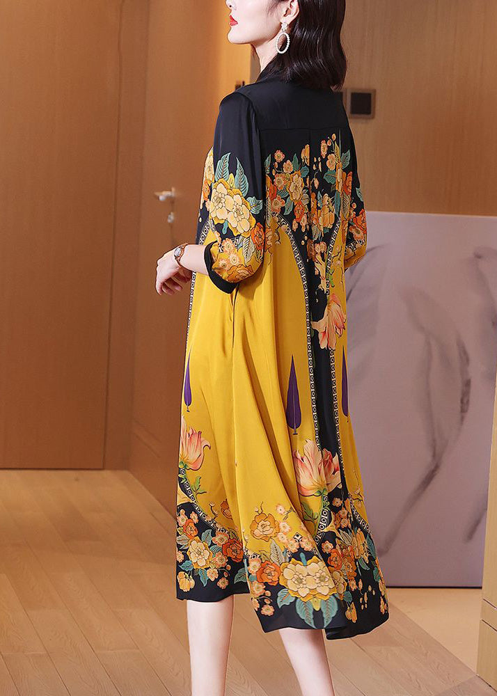 Fine Yellow Print Button Silk Long Shirts Dresses Summer