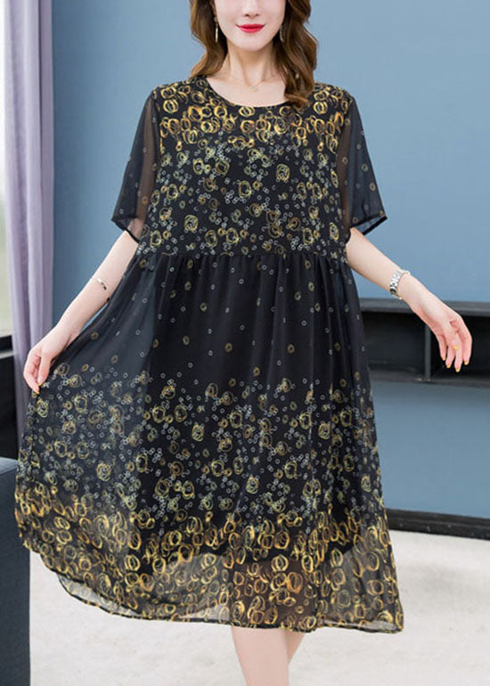 Fine Yellow Print Wrinkled Patchwork Chiffon Dresses Summer