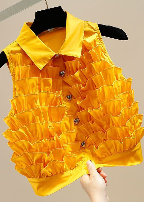 Fine Yellow Ruffled Patchwork Chiffon Shirt Top Sleeveless